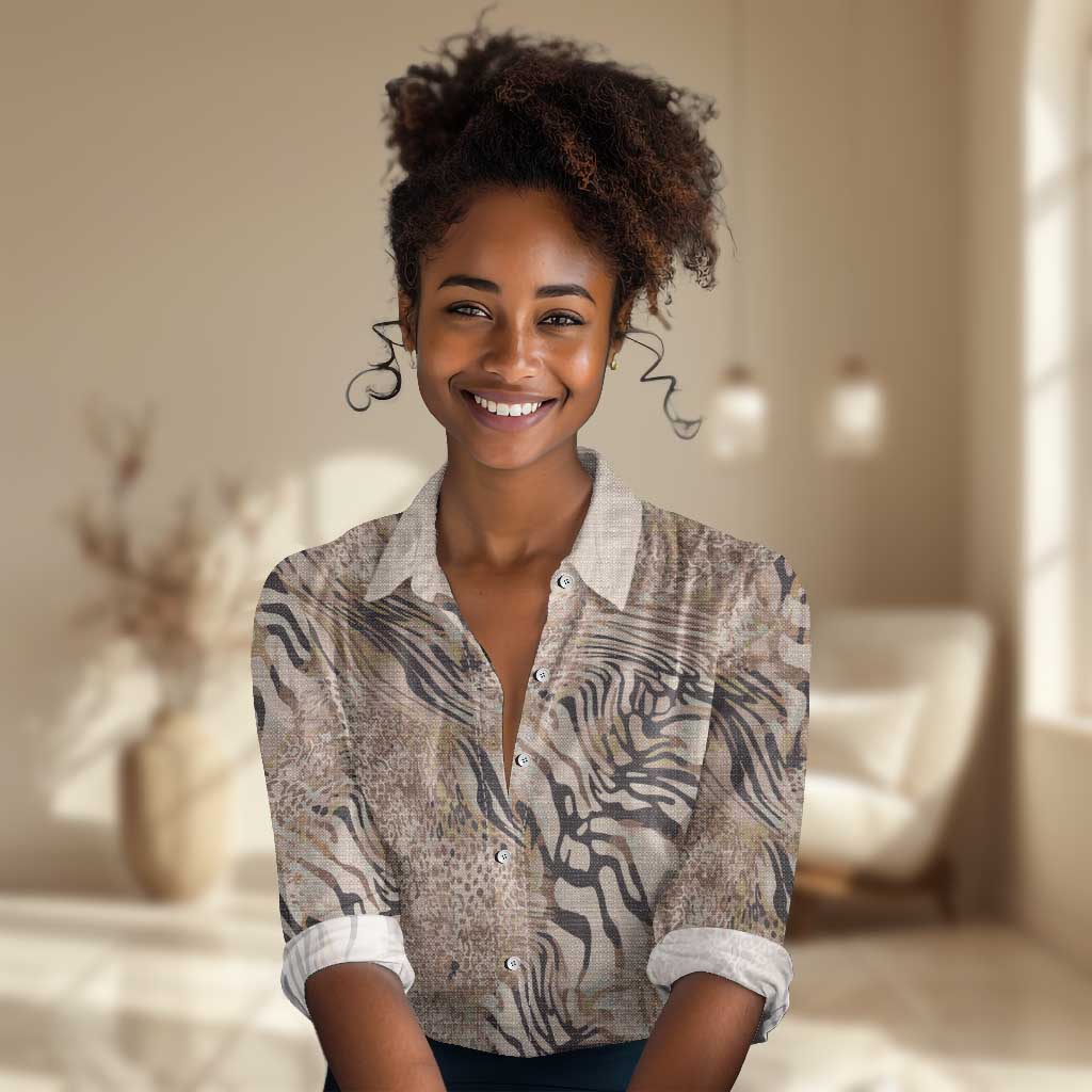 African Zebra Leopard Pattern Women Casual Shirt Sand Taupe Beige