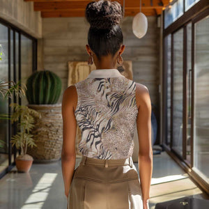 African Zebra Leopard Pattern Women Sleeveless Polo Shirt Sand Taupe Beige