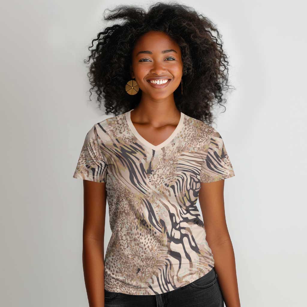 African Zebra Leopard Pattern Women V-Neck T-Shirt Sand Taupe Beige
