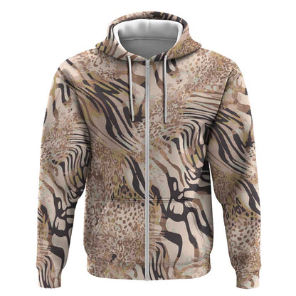 African Zebra Leopard Pattern Zip Hoodie Sand Taupe Beige