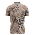 African Zebra Leopard Pattern Zipper Polo Shirt Sand Taupe Beige