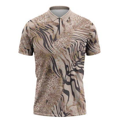 African Zebra Leopard Pattern Zipper Polo Shirt Sand Taupe Beige