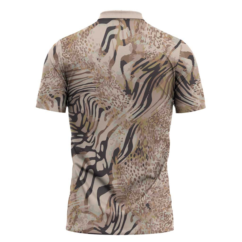African Zebra Leopard Pattern Zipper Polo Shirt Sand Taupe Beige