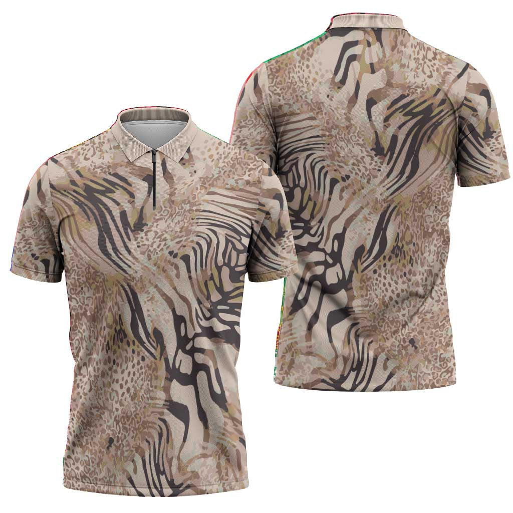 African Zebra Leopard Pattern Zipper Polo Shirt Sand Taupe Beige