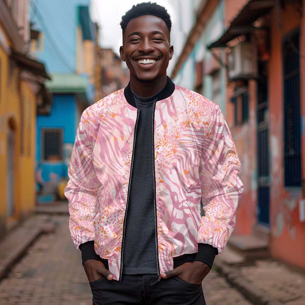 African Zebra Leopard Pattern Bomber Jacket Blush Savannah
