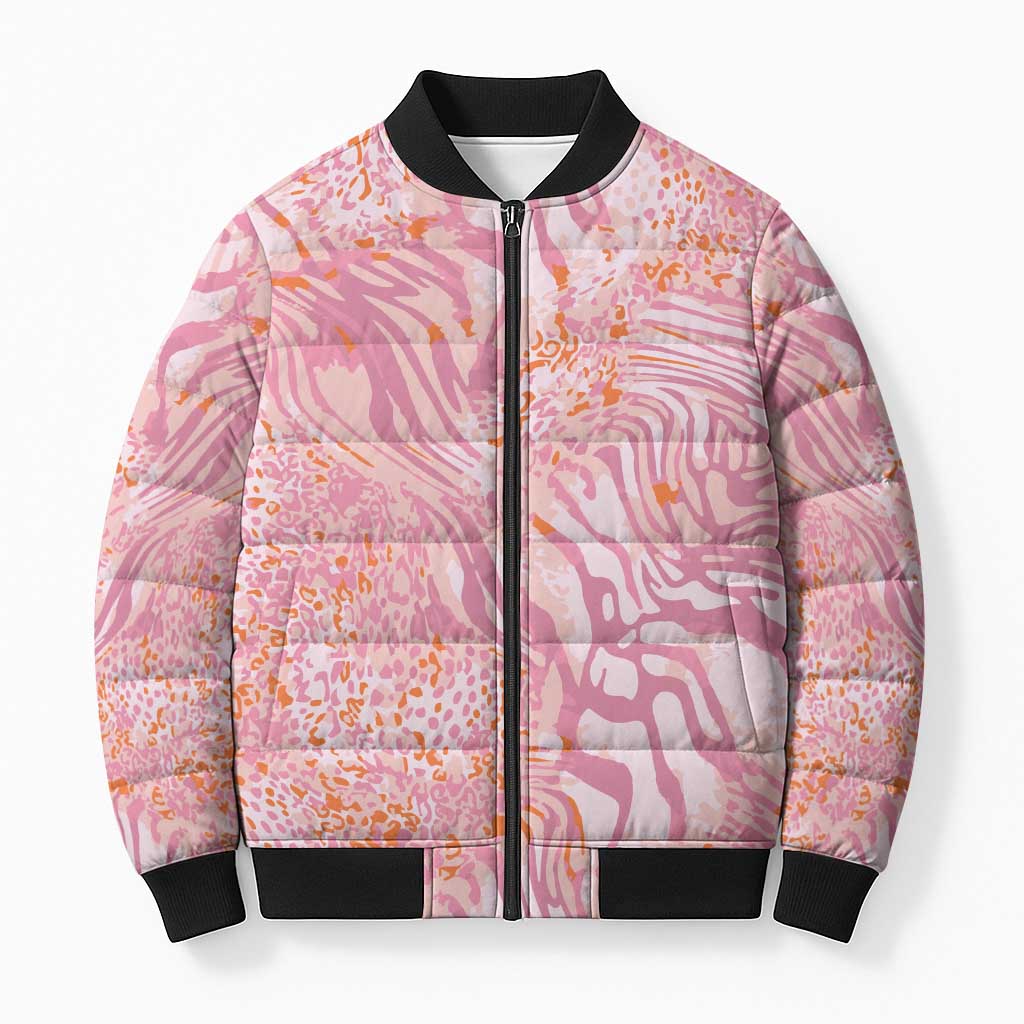 African Zebra Leopard Pattern Bomber Puffer Jacket Blush Savannah