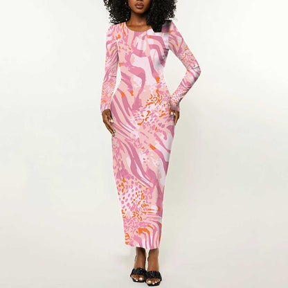 African Zebra Leopard Pattern Long Sleeve Bodycon Dress Blush Savannah