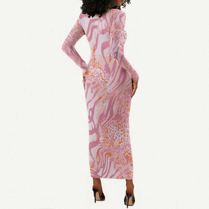 African Zebra Leopard Pattern Long Sleeve Bodycon Dress Blush Savannah