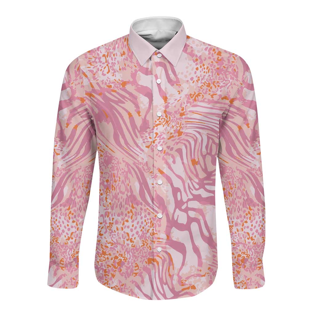 African Zebra Leopard Pattern Long Sleeve Button Shirt Blush Savannah
