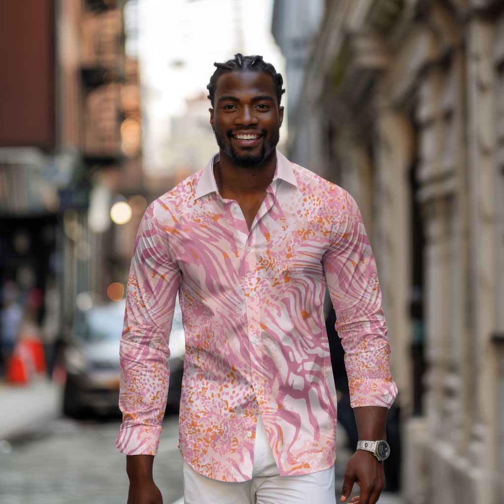 African Zebra Leopard Pattern Long Sleeve Button Shirt Blush Savannah