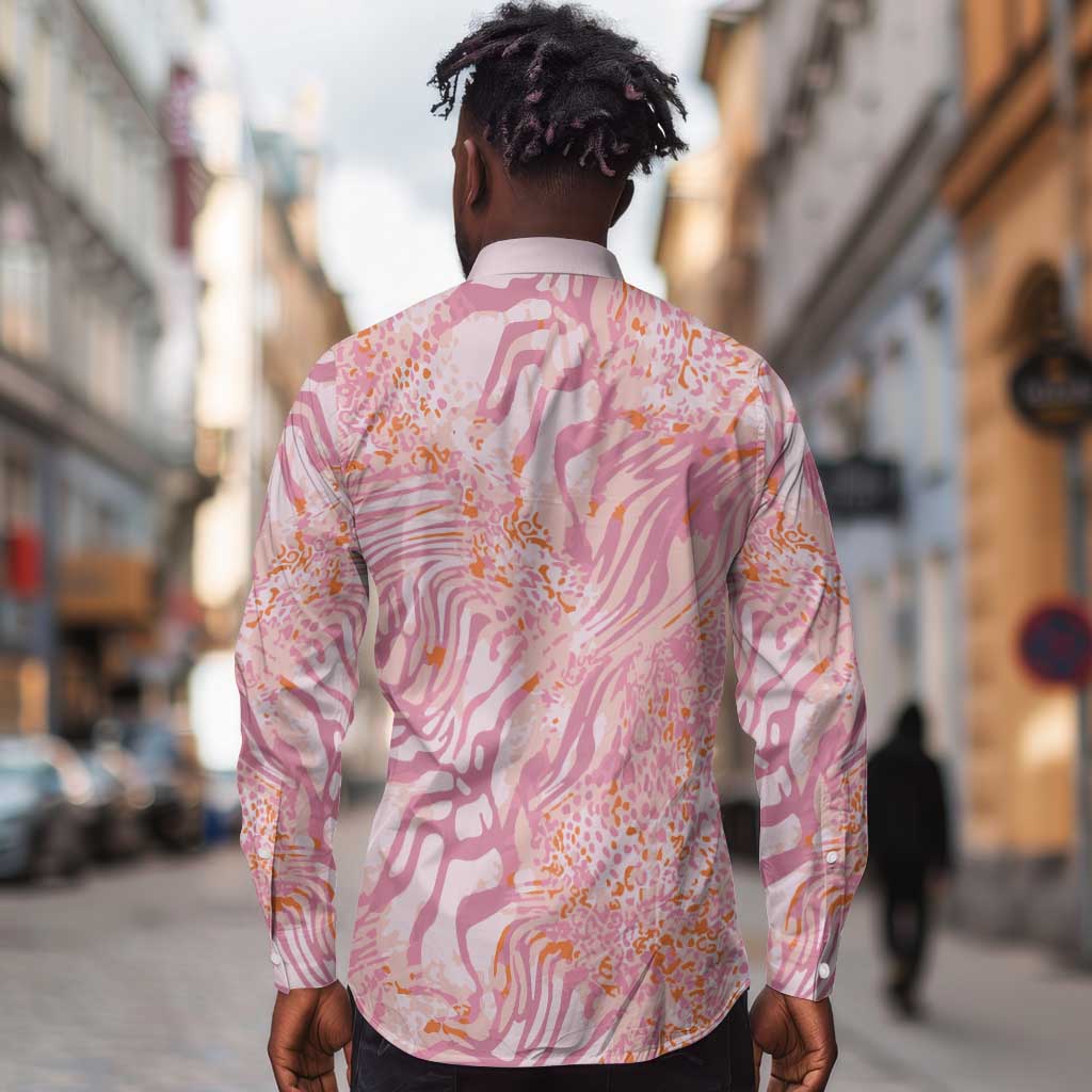 African Zebra Leopard Pattern Long Sleeve Button Shirt Blush Savannah