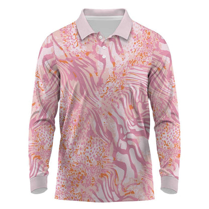 African Zebra Leopard Pattern Long Sleeve Polo Shirt Blush Savannah