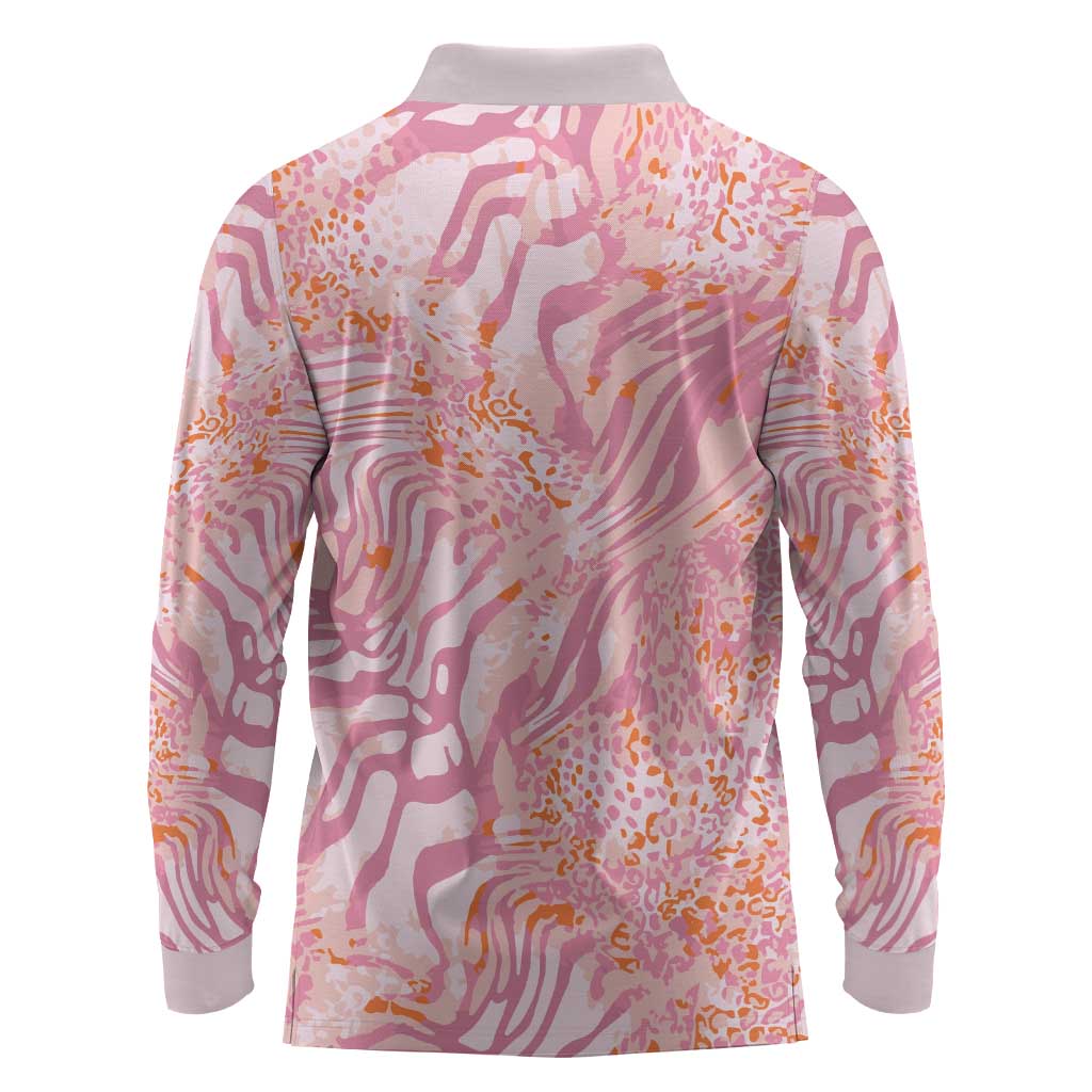 African Zebra Leopard Pattern Long Sleeve Polo Shirt Blush Savannah