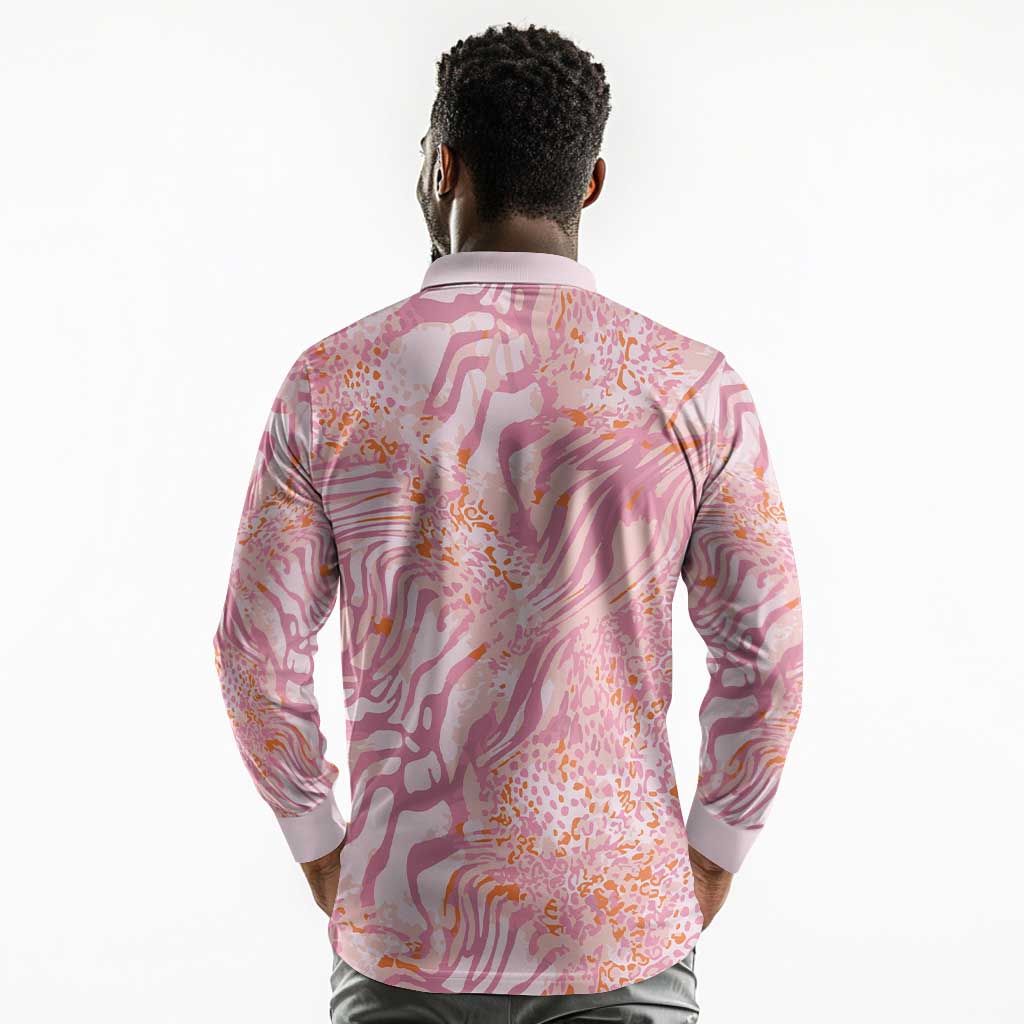 African Zebra Leopard Pattern Long Sleeve Polo Shirt Blush Savannah