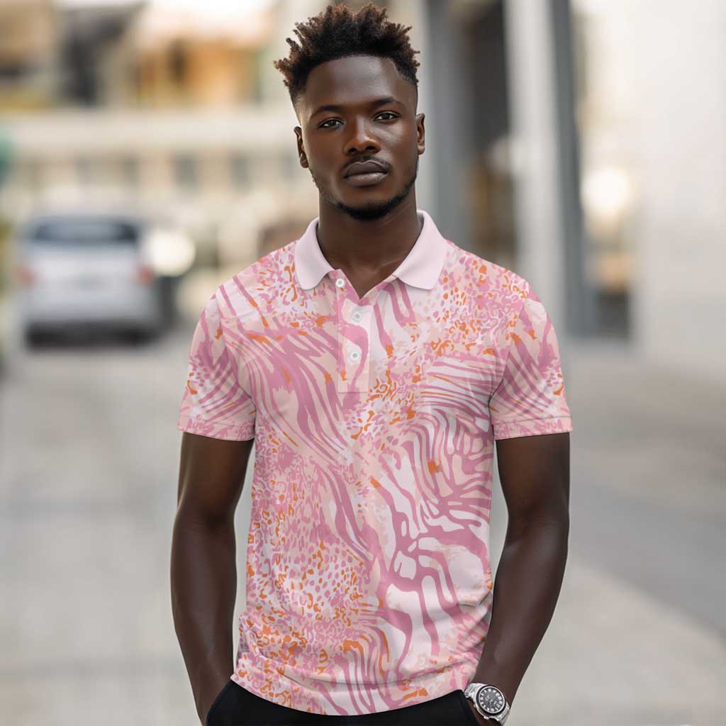African Zebra Leopard Pattern Polo Shirt Blush Savannah