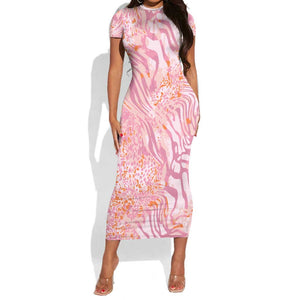 African Zebra Leopard Pattern Short Sleeve Bodycon Dress Blush Savannah