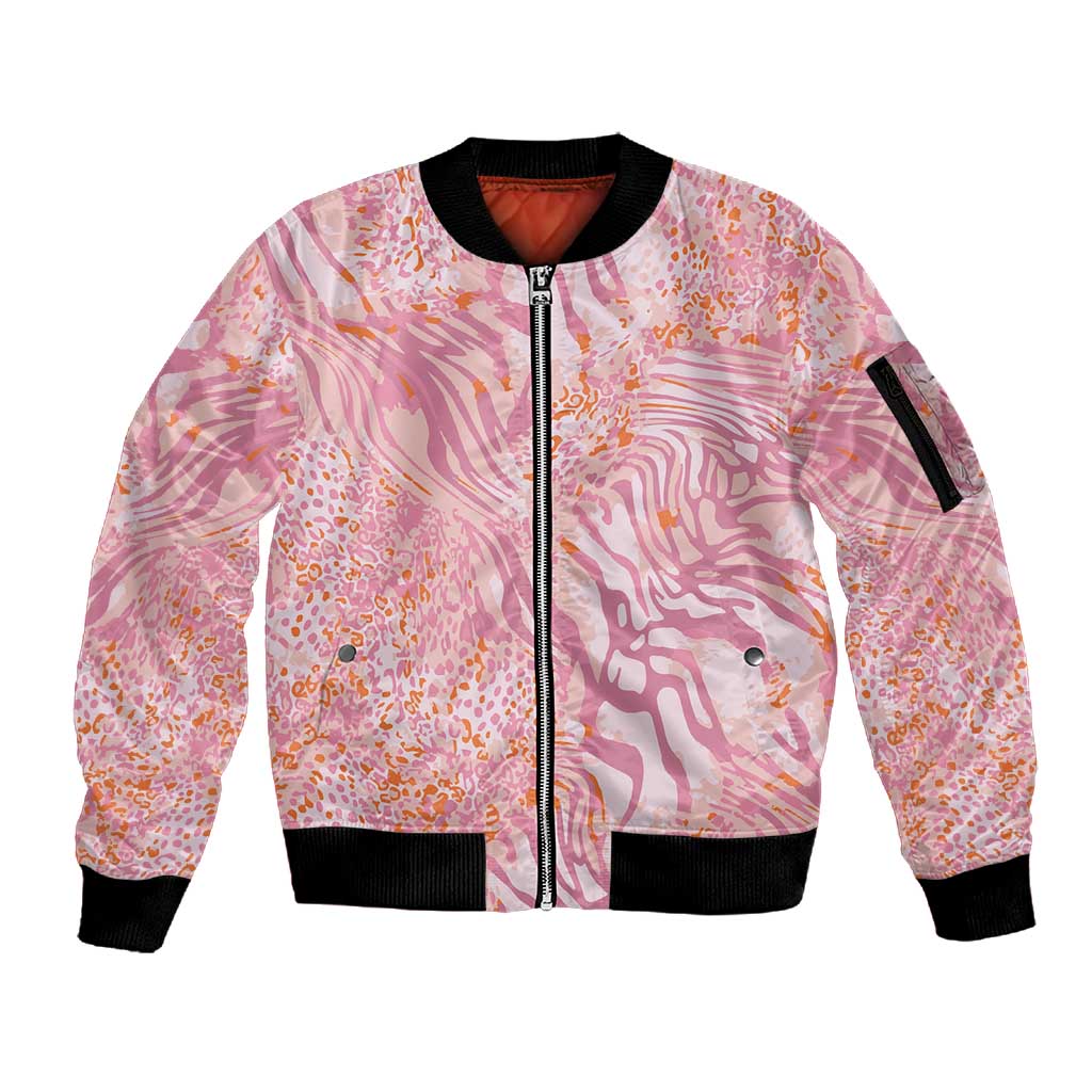 African Zebra Leopard Pattern Sleeve Zip Bomber Jacket Blush Savannah
