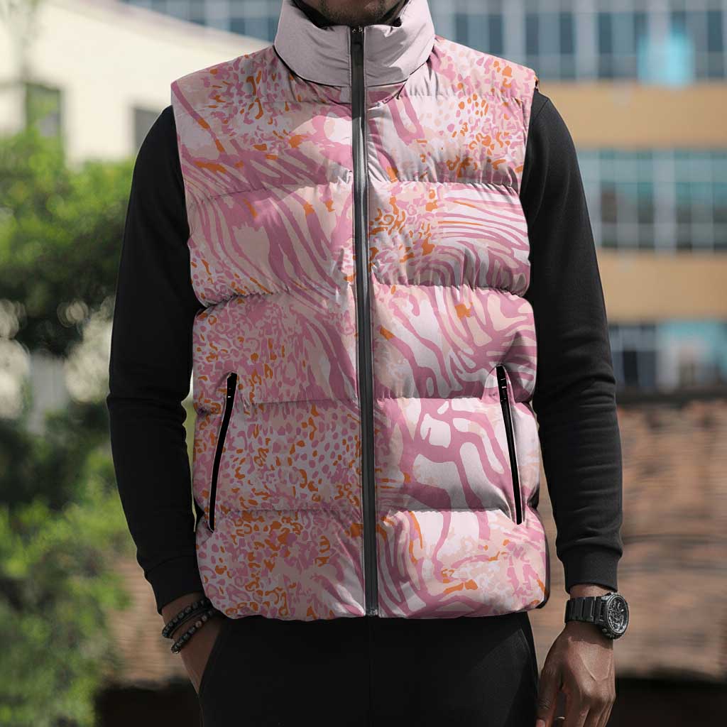 African Zebra Leopard Pattern Sleeveless Puffer Jacket Blush Savannah