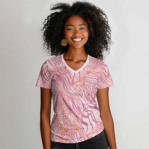 African Zebra Leopard Pattern Women V-Neck T-Shirt Blush Savannah