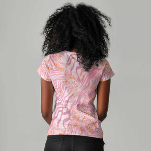 African Zebra Leopard Pattern Women V-Neck T-Shirt Blush Savannah