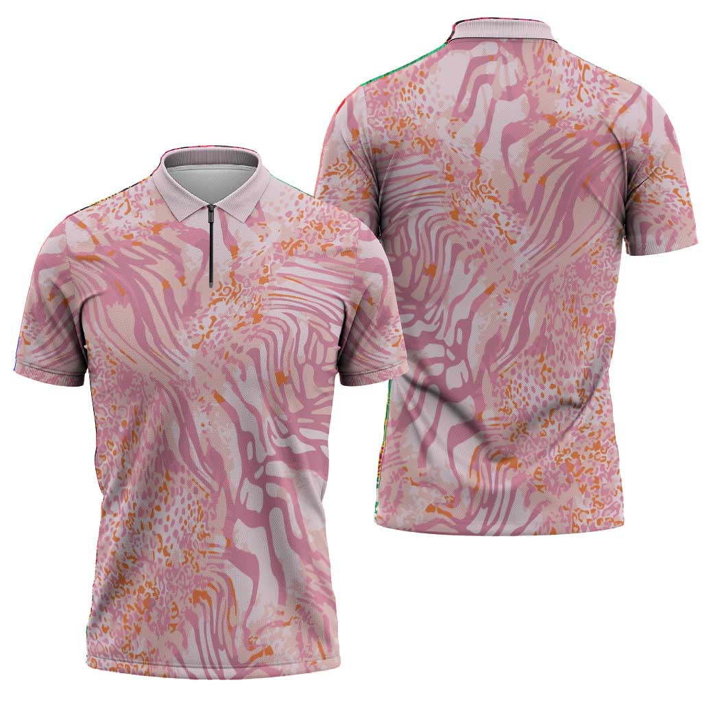 African Zebra Leopard Pattern Zipper Polo Shirt Blush Savannah
