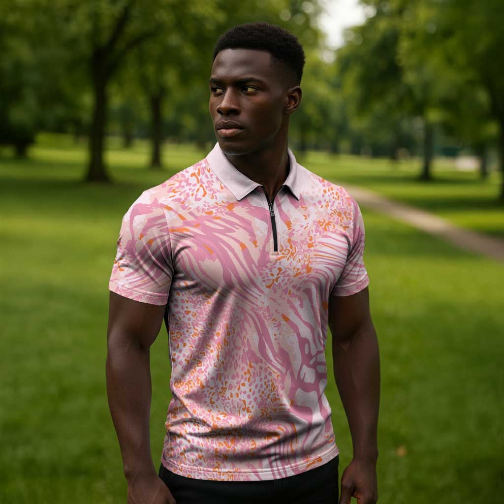 African Zebra Leopard Pattern Zipper Polo Shirt Blush Savannah
