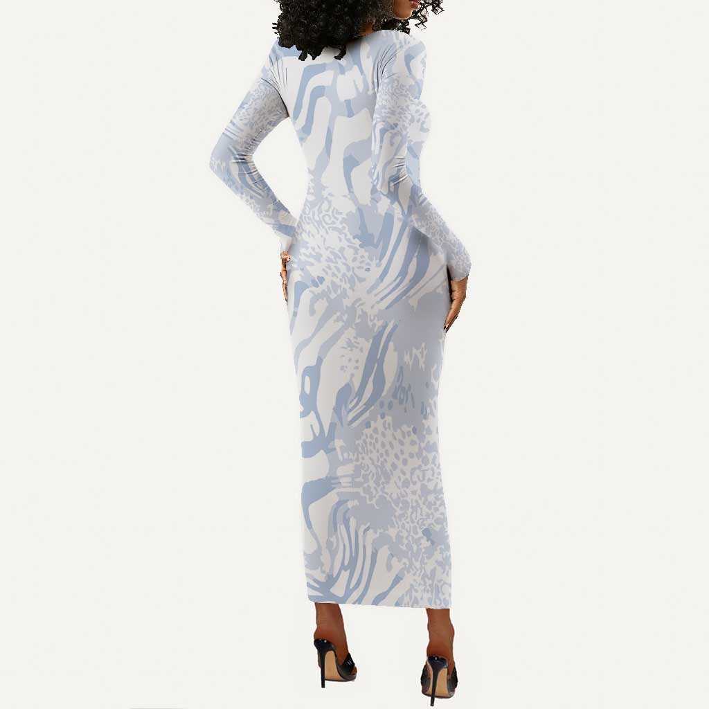 African Zebra Leopard Pattern Long Sleeve Bodycon Dress Sky Savannah