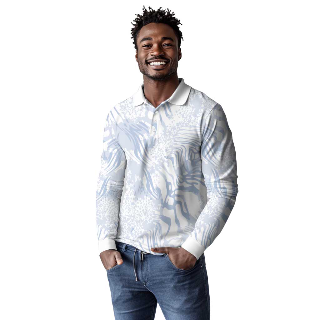 African Zebra Leopard Pattern Long Sleeve Polo Shirt Sky Savannah