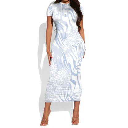 African Zebra Leopard Pattern Short Sleeve Bodycon Dress Sky Savannah