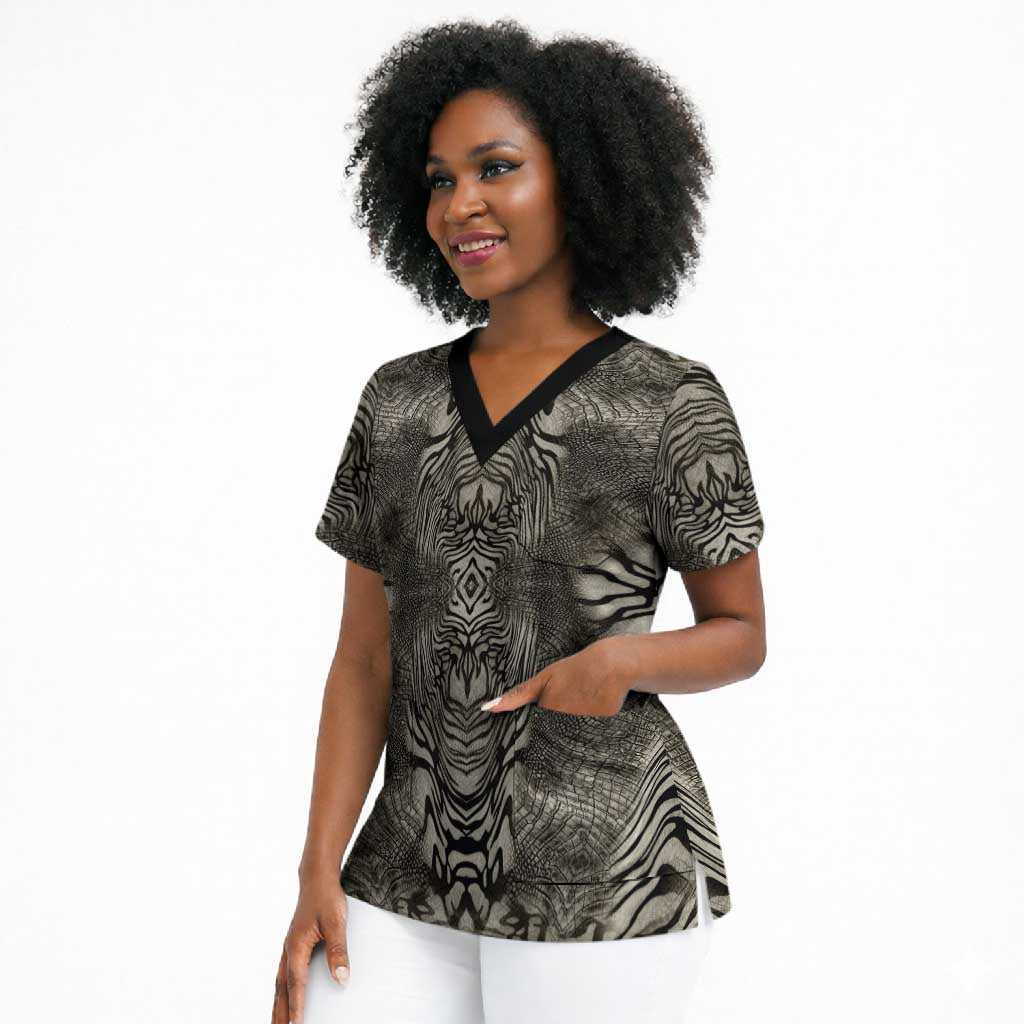 African Zebra Elephant Skin Pattern Scrub Top