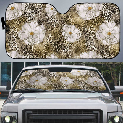 African Leopard Floral Pattern Auto Sun Shade Sahara Pearl
