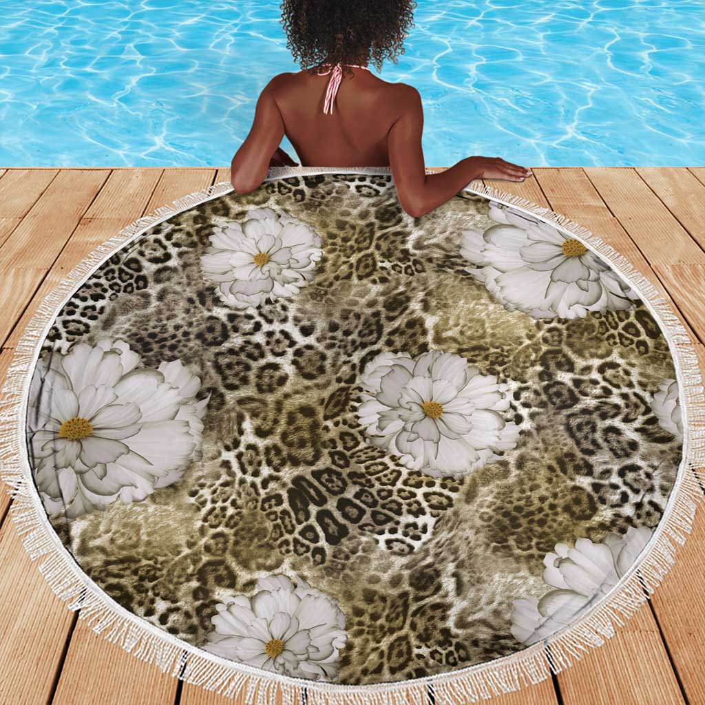 African Leopard Floral Pattern Beach Blanket Sahara Pearl