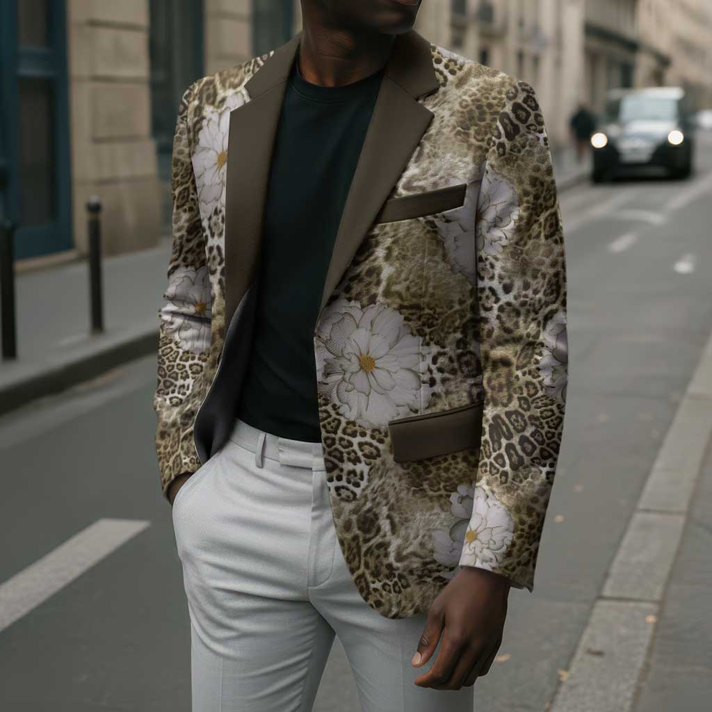 African Leopard Floral Pattern Blazer Sahara Pearl