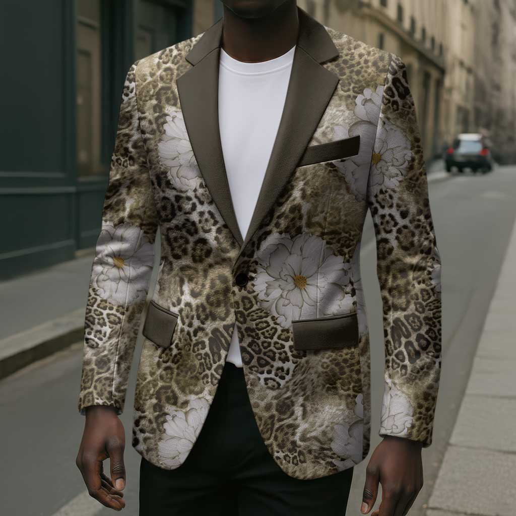 African Leopard Floral Pattern Blazer Sahara Pearl