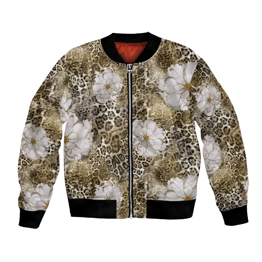 African Leopard Floral Pattern Bomber Jacket Sahara Pearl