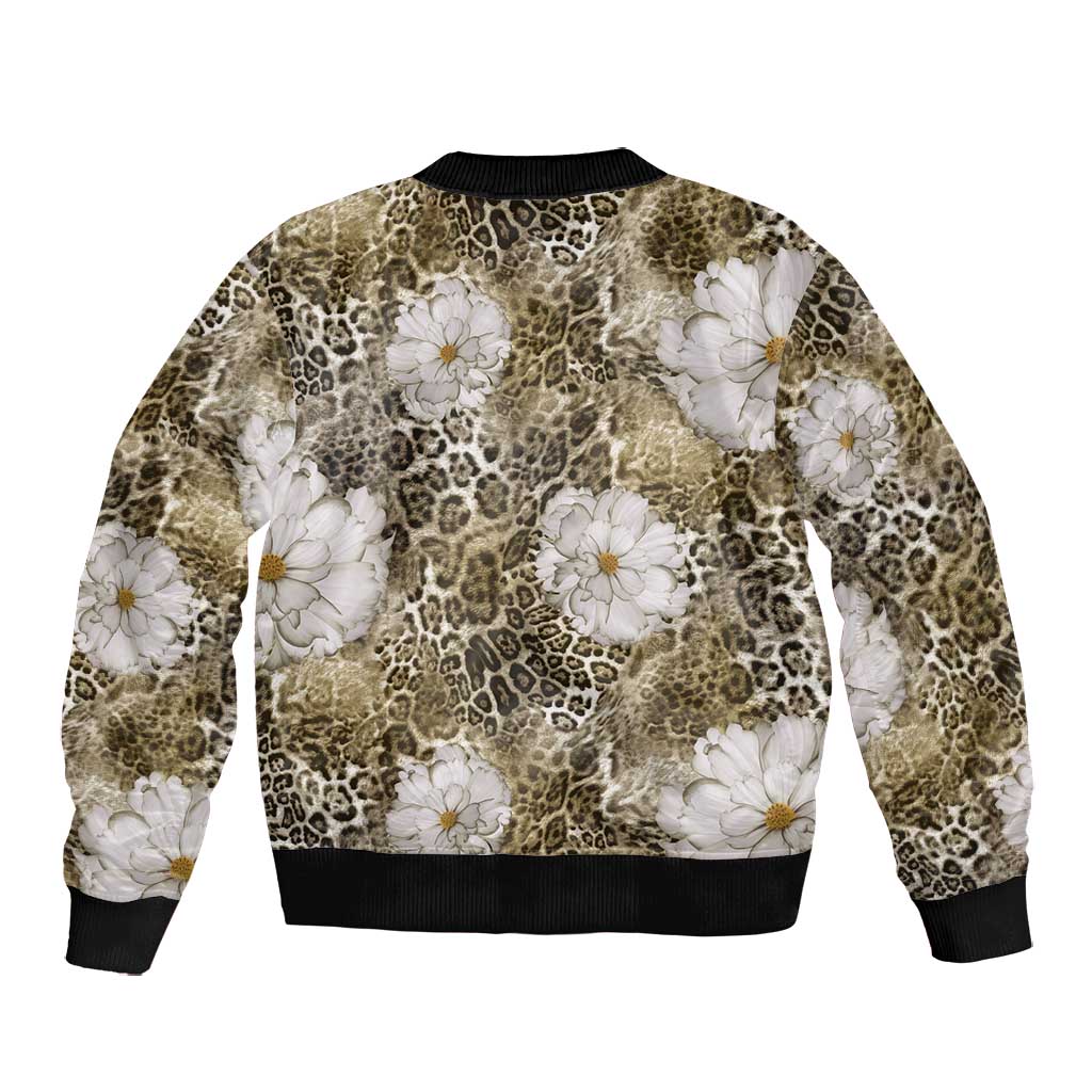African Leopard Floral Pattern Bomber Jacket Sahara Pearl
