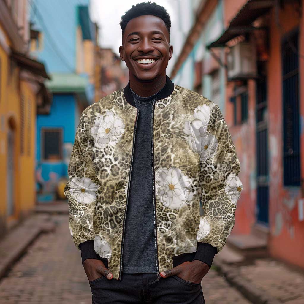 African Leopard Floral Pattern Bomber Jacket Sahara Pearl