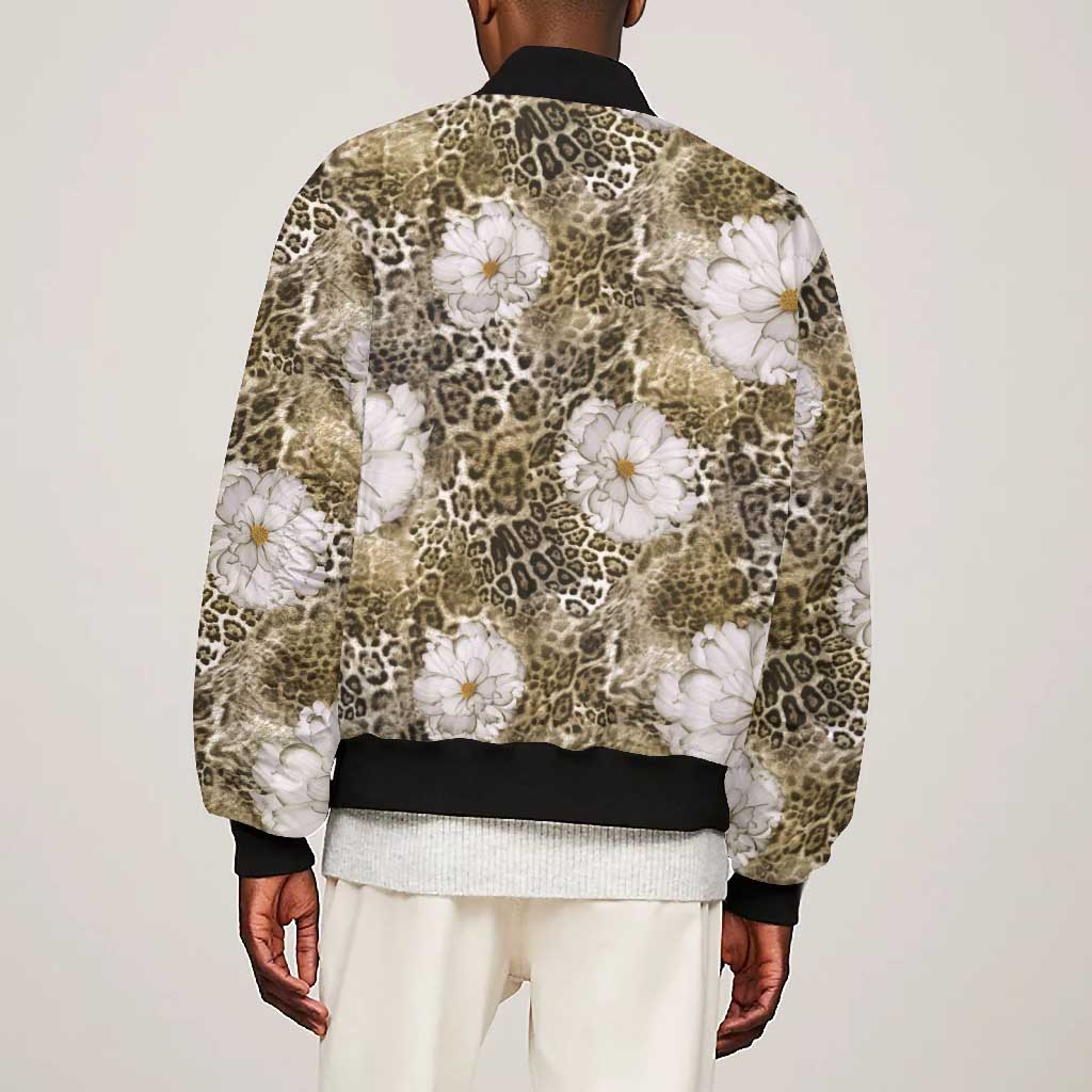 African Leopard Floral Pattern Bomber Jacket Sahara Pearl