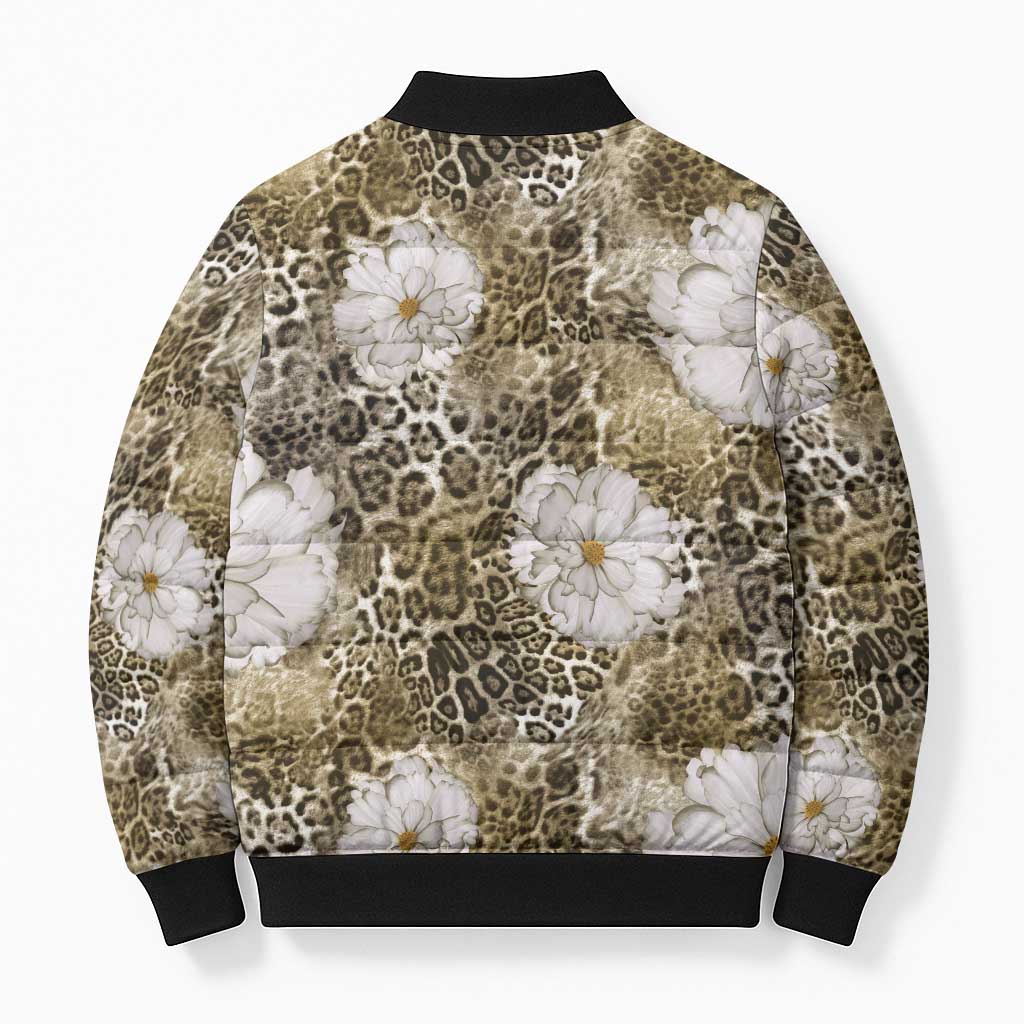 African Leopard Floral Pattern Bomber Puffer Jacket Sahara Pearl
