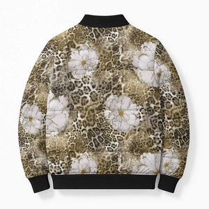 African Leopard Floral Pattern Bomber Puffer Jacket Sahara Pearl