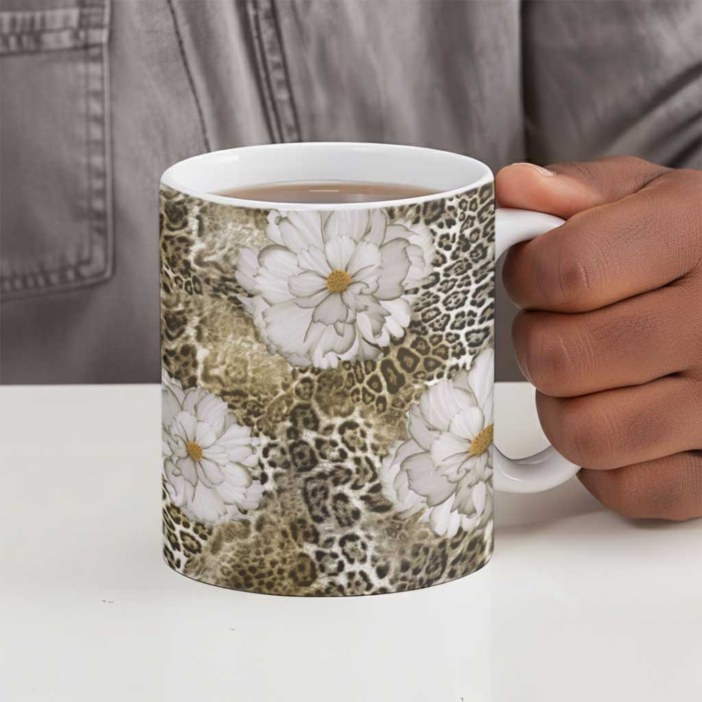 African Leopard Floral Pattern Ceramic Mug Sahara Pearl