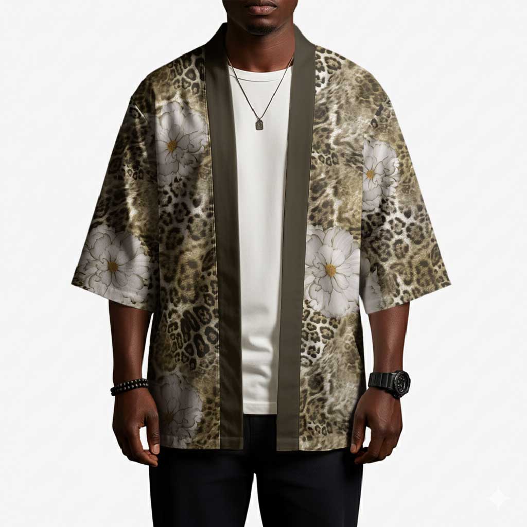 African Leopard Floral Pattern Kimono Sahara Pearl