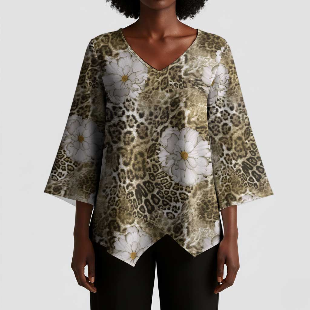 African Leopard Floral Pattern Kimono Sleeve Blouse Sahara Pearl