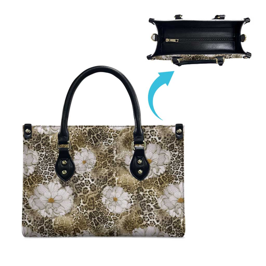 African Leopard Floral Pattern Leather Bag Sahara Pearl