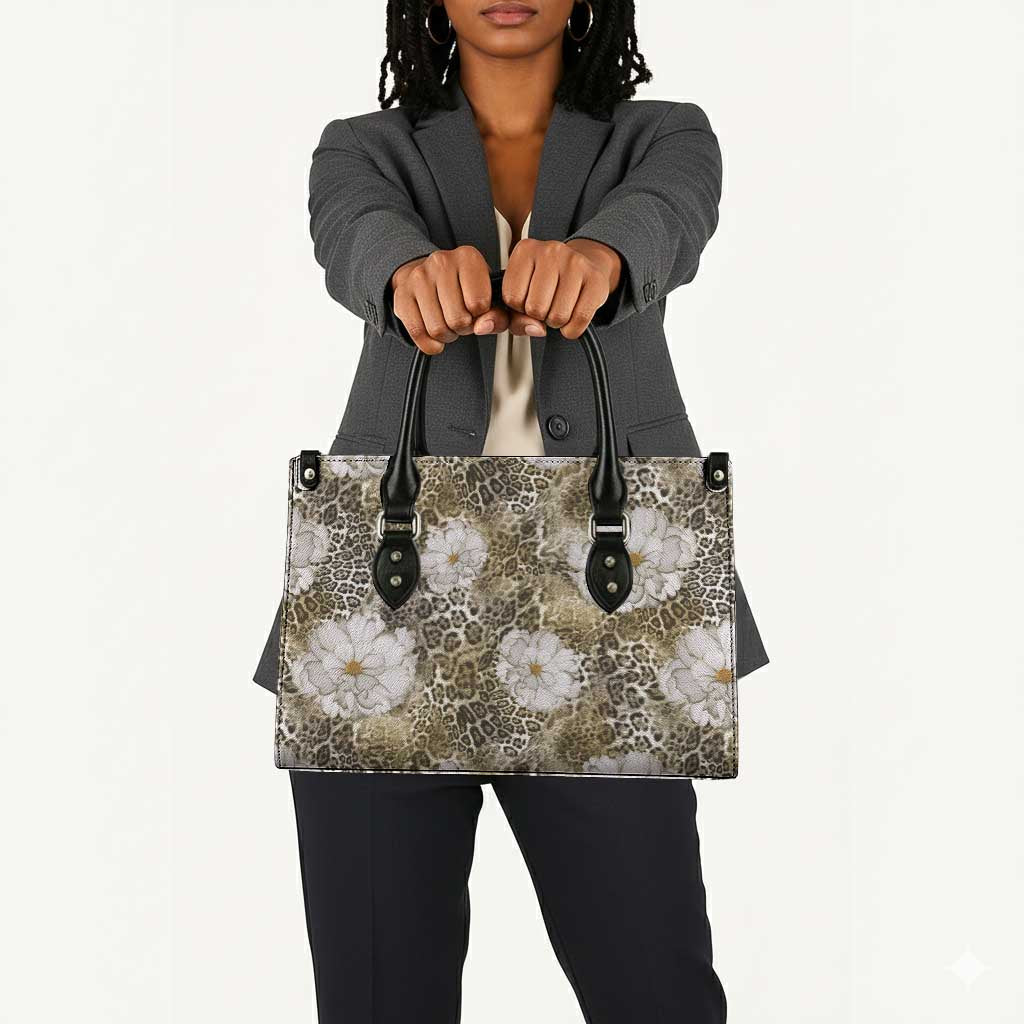 African Leopard Floral Pattern Leather Bag Sahara Pearl