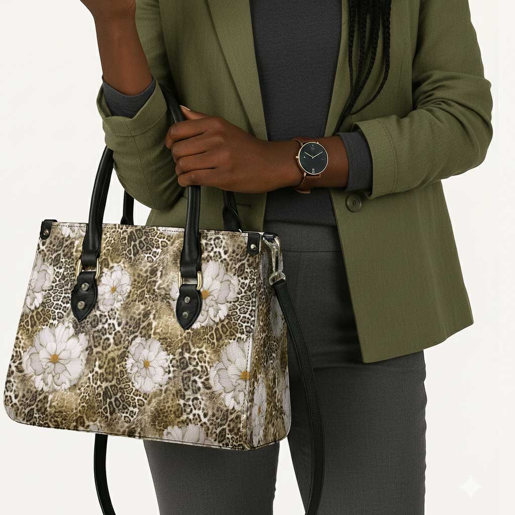 African Leopard Floral Pattern Leather Bag Sahara Pearl
