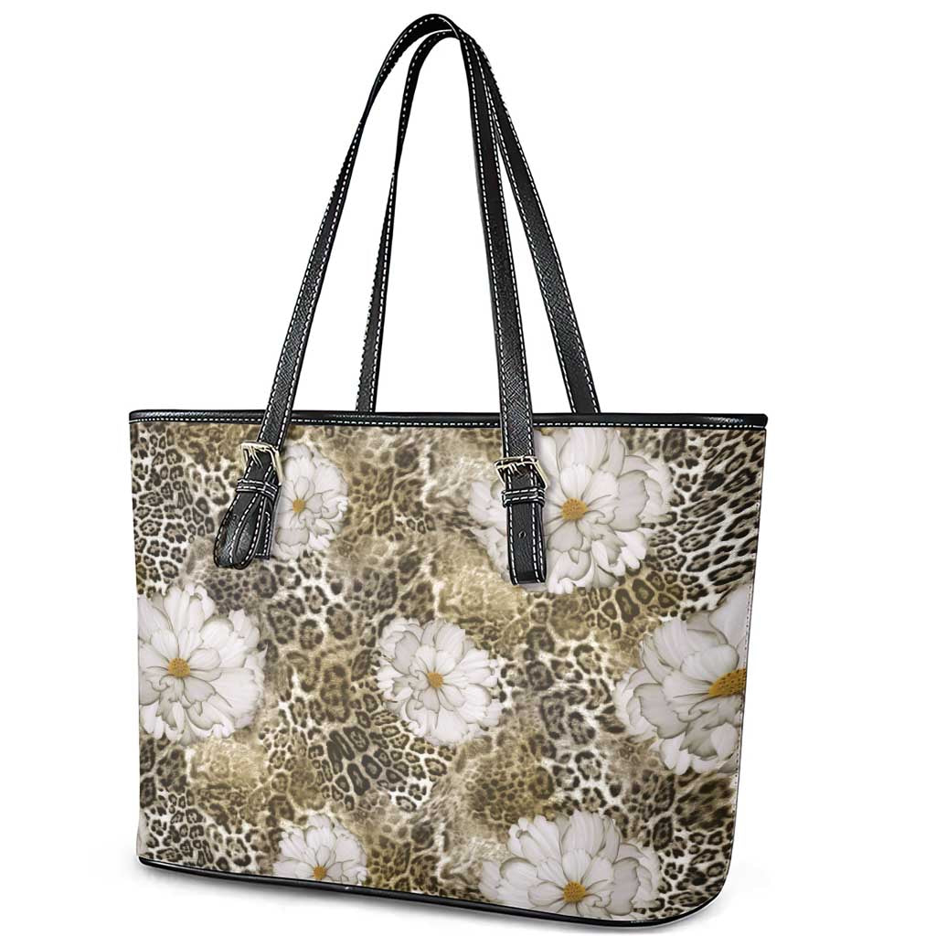 African Leopard Floral Pattern Leather Tote Bag Sahara Pearl