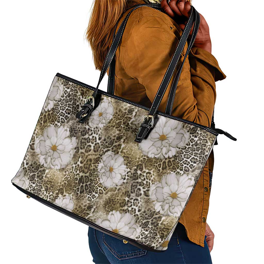 African Leopard Floral Pattern Leather Tote Bag Sahara Pearl