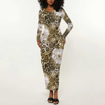 African Leopard Floral Pattern Long Sleeve Bodycon Dress Sahara Pearl