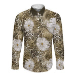 African Leopard Floral Pattern Long Sleeve Button Shirt Sahara Pearl